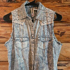 Denim Colored Button Down Sleeveless Shirt